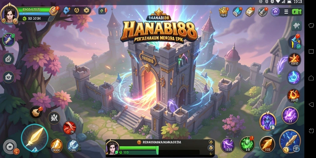 Tampilan gameplay HANABI88 menampilkan pertahanan menara yang kuat dan serangan musuh.