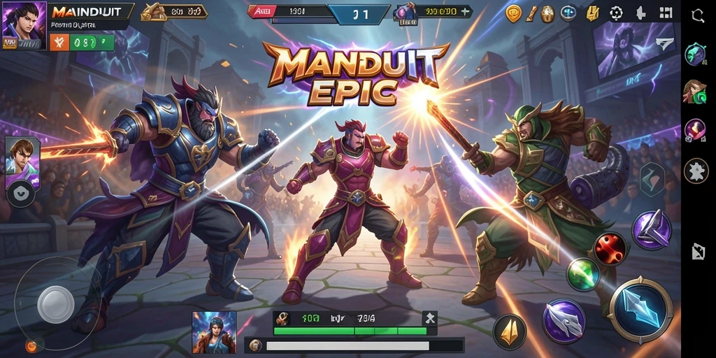 Gameplay MAINDUIT yang menegangkan dan seru dalam pertarungan arena.