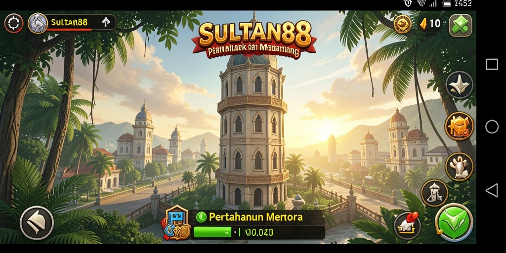 Screenshot utama SULTAN88 menampilkan aksi pertahanan menara yang seru.